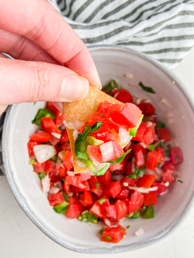 Overhead photo of chip with pico de gallo on top. 