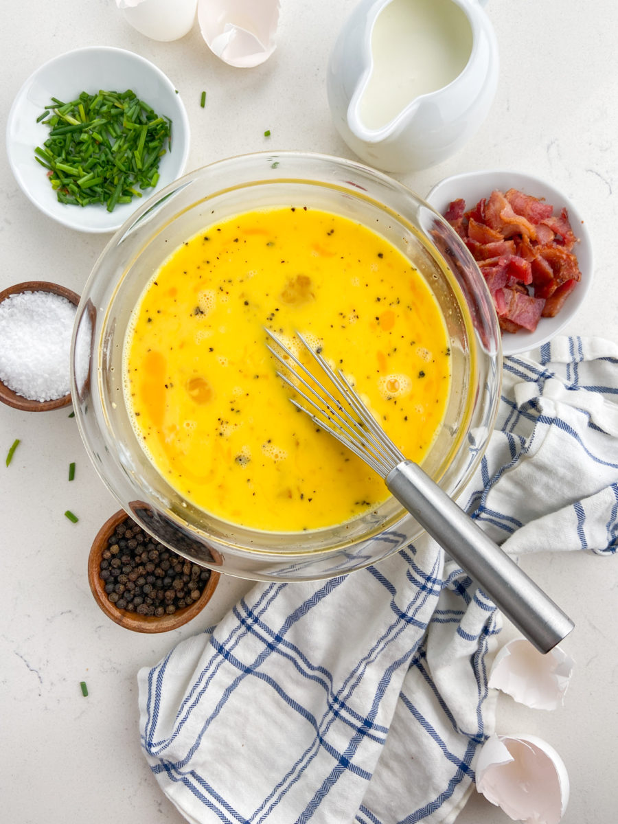 Bowls of whisked eggs. 