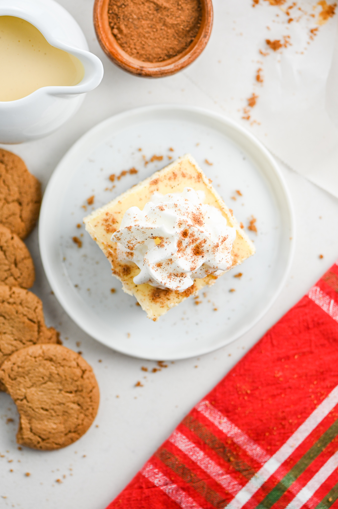 eggnog cheesecake bar on plate. 