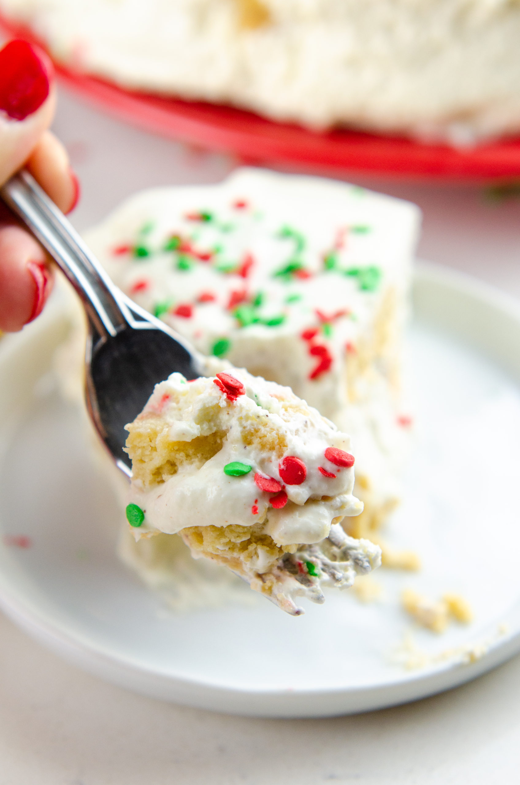 A forkful of icebox cake. 