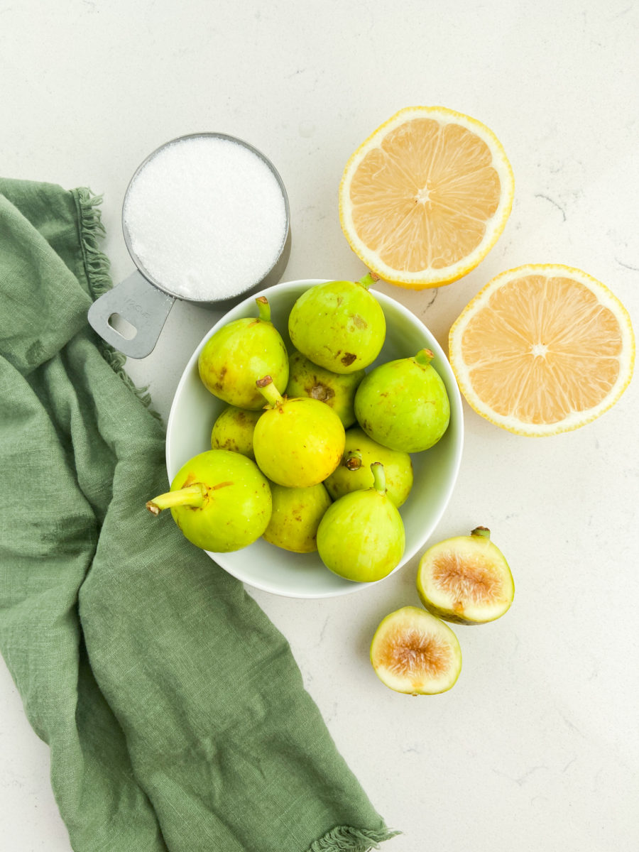 Fig jam ingredients on white background. 