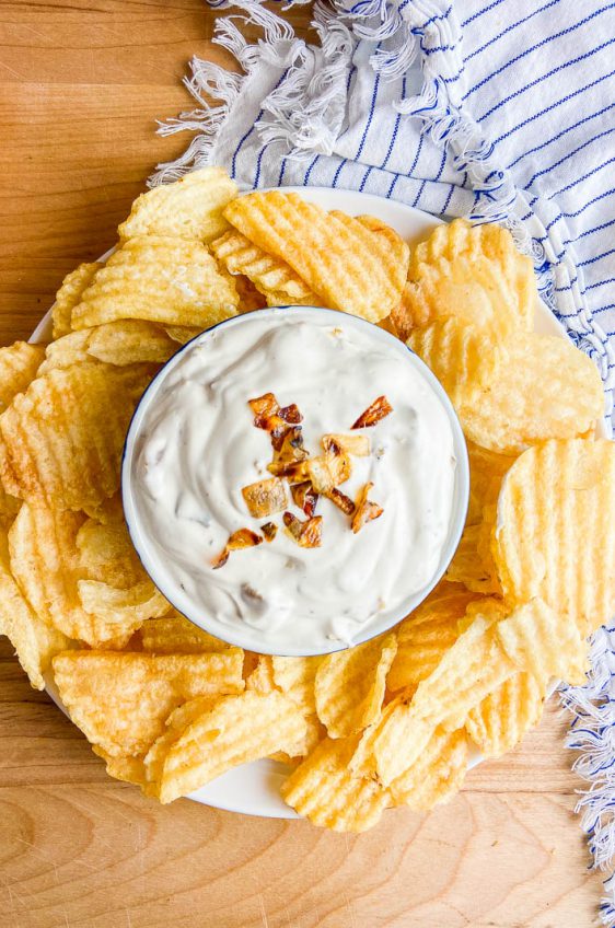 Overhead photo of homemade french onion dip with chips