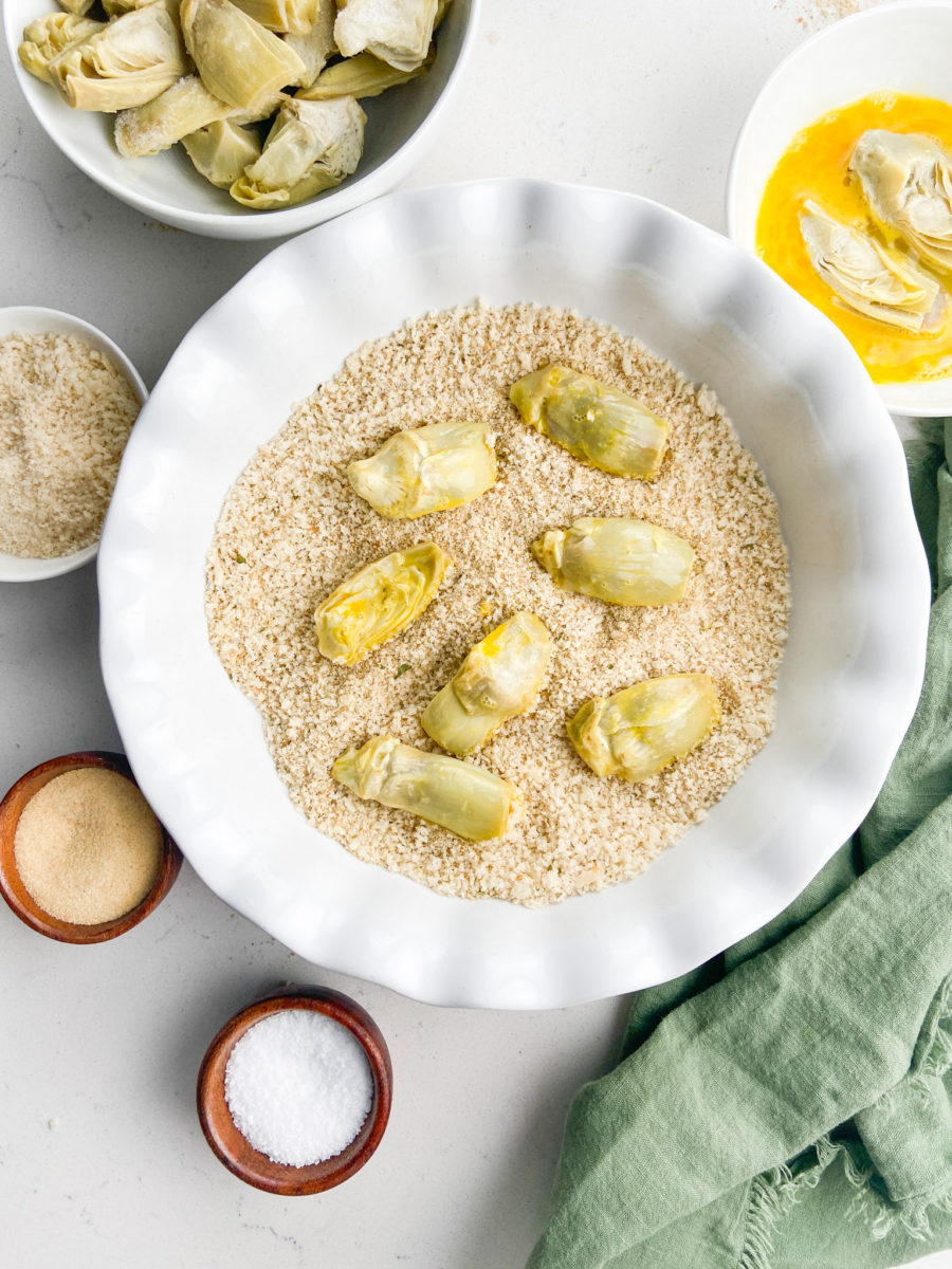 Artichoke hearts in bread crumbs. 