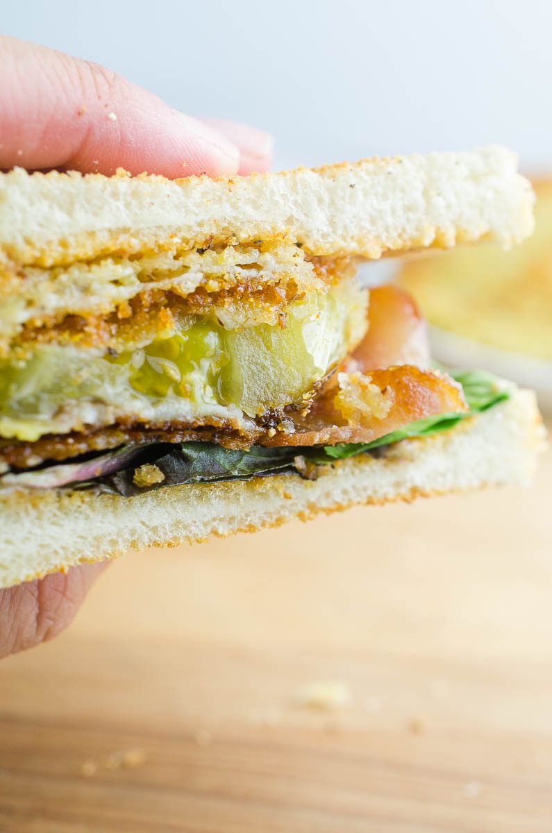 Up close view of fried green tomato BLT