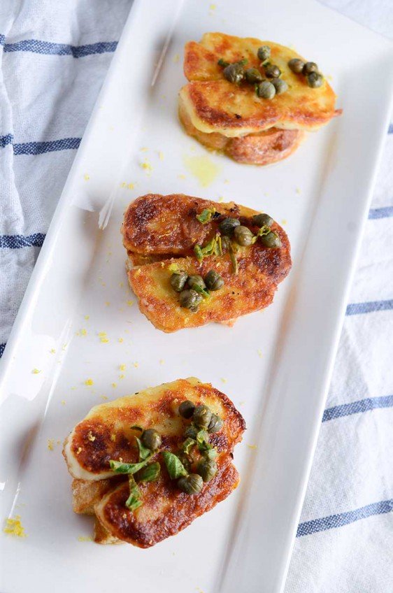 Fried Halloumi Crostini with Lemon Caper Oil