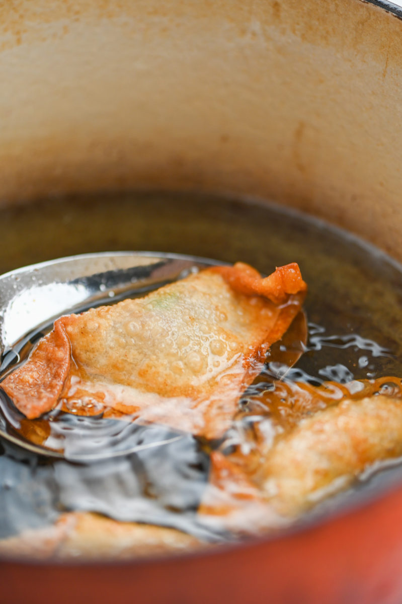 Fried pork wonton in deep fryer. 