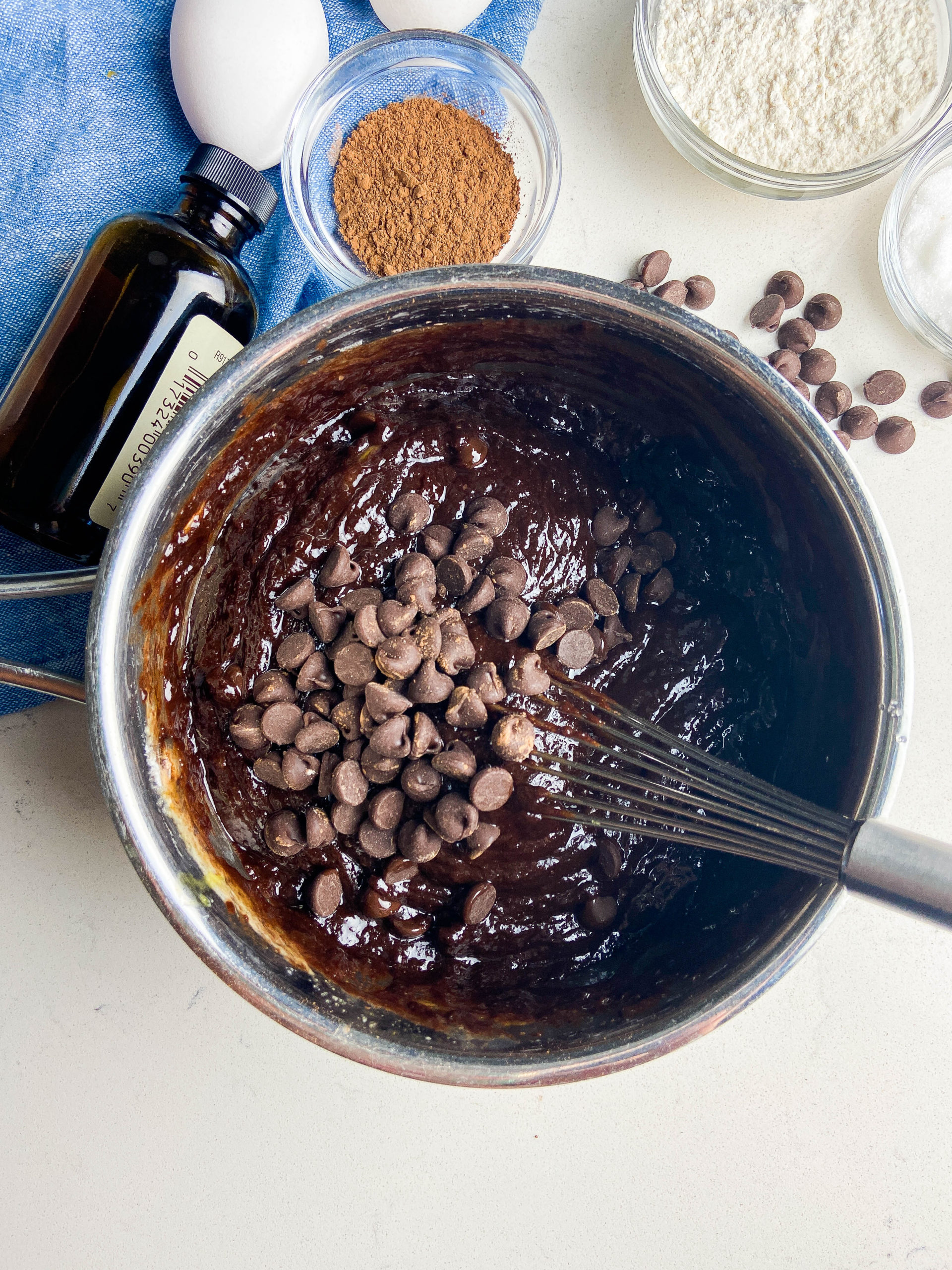 Chocolate chips in brownie batter. 