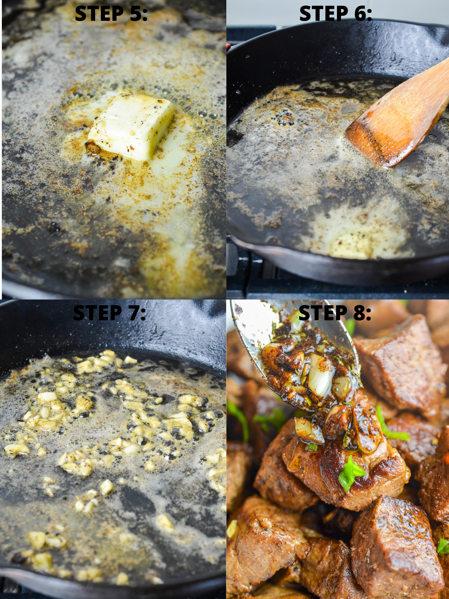 Step by step photos of garlic steak bites. 