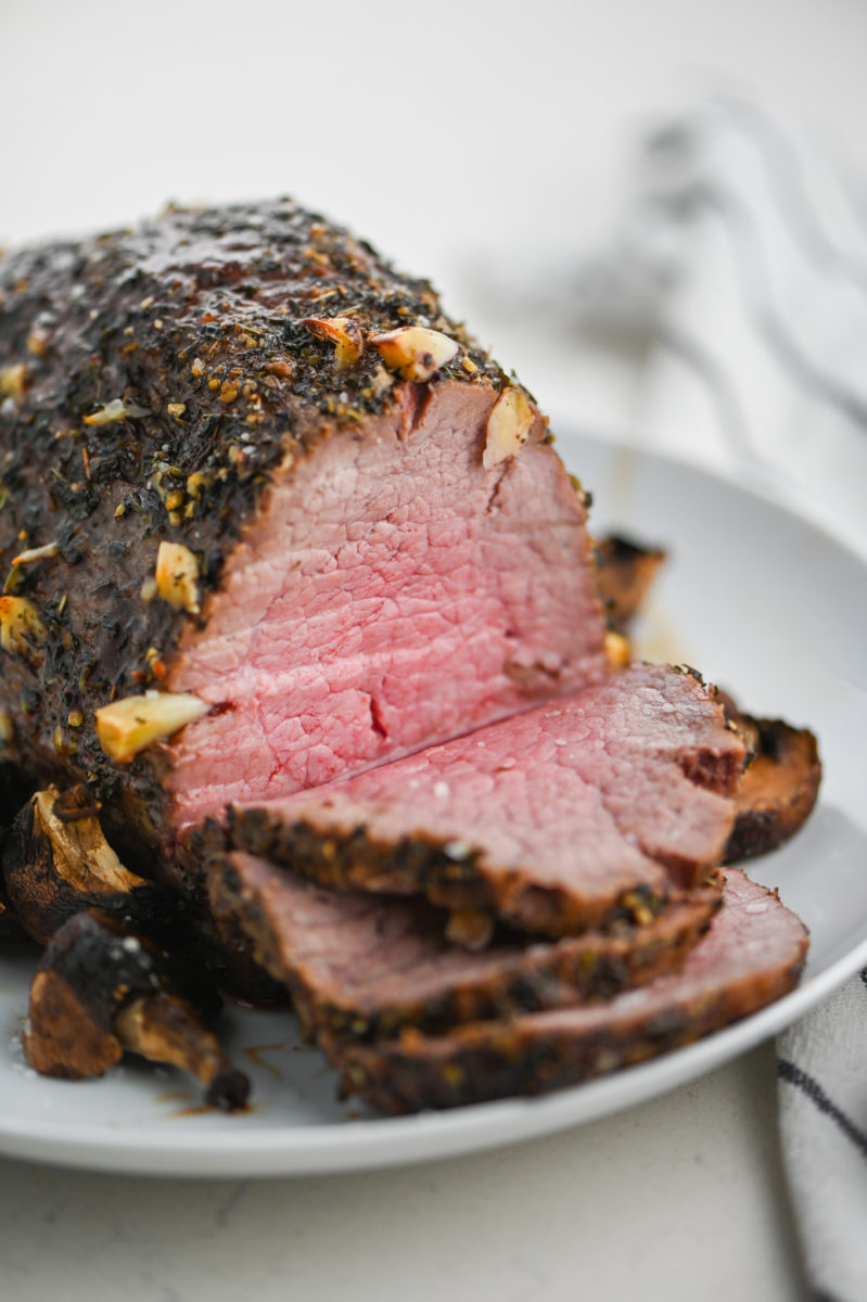 Sliced garlic roast beef.