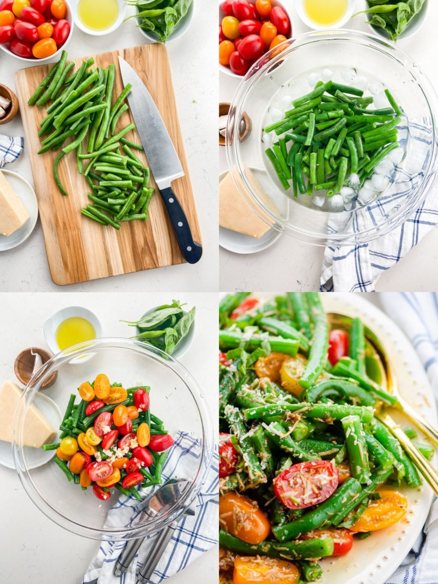 Step by Step Photos showing how to make green bean salad. 
