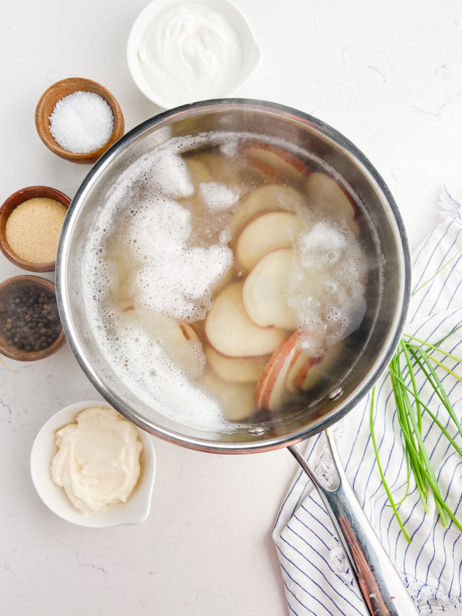 Boiled potatoes in saucepan. 