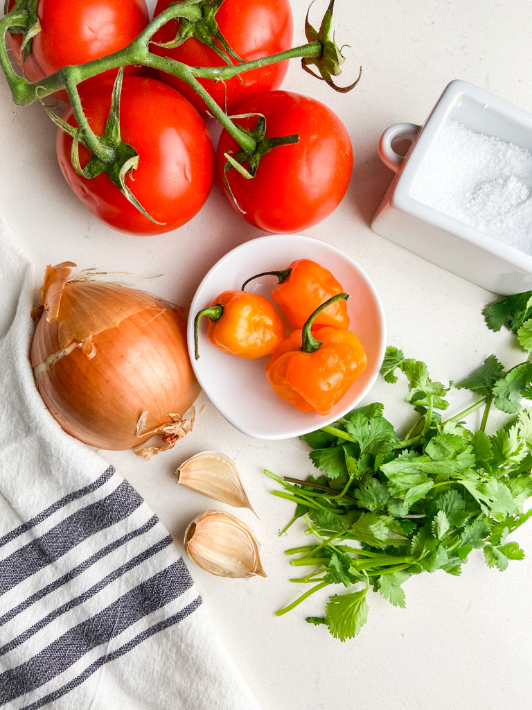 Overhead photo of ingredients needed for habanero salsa. 