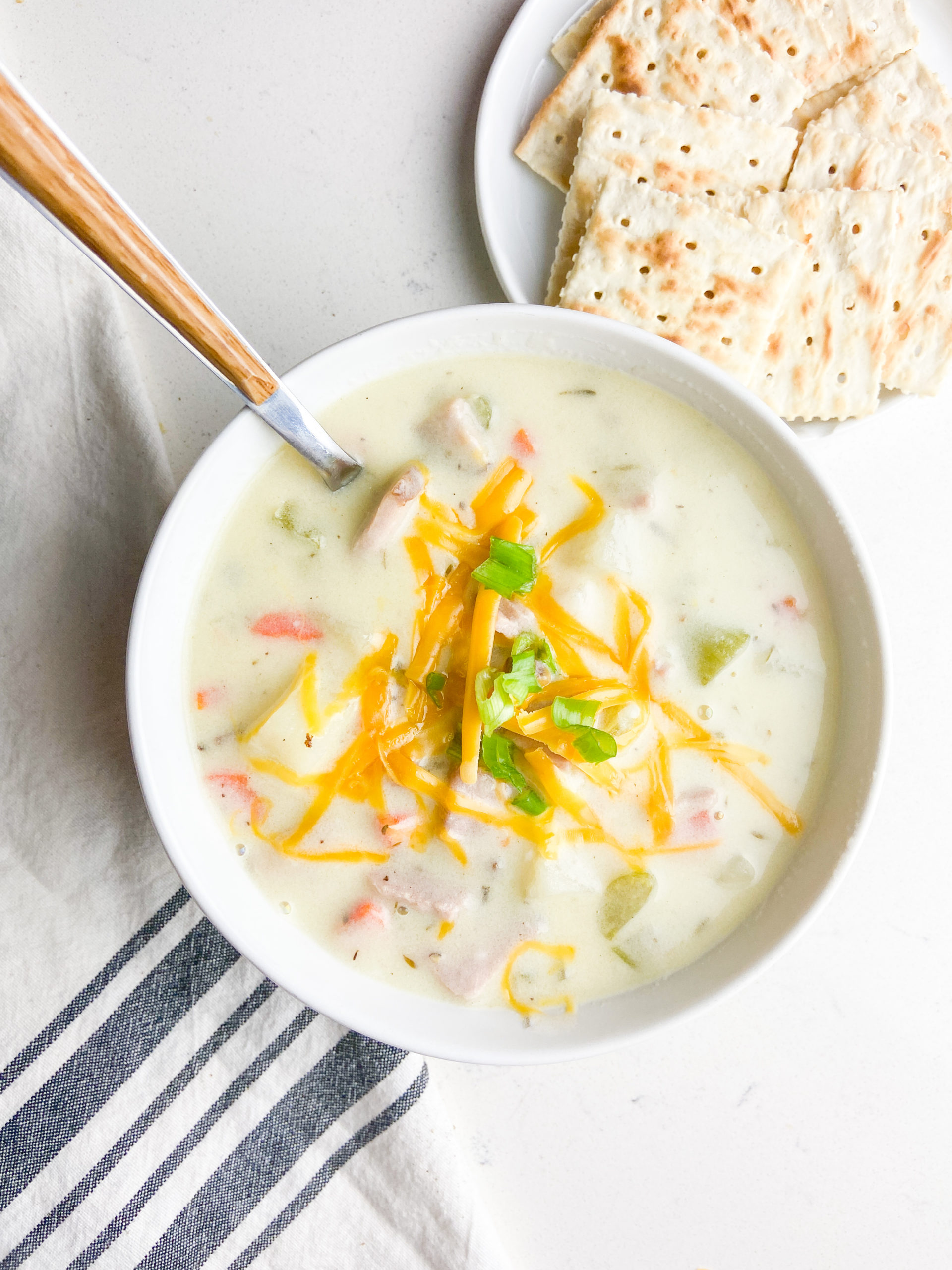 Overhead photo of a bowl of ham and potato soup