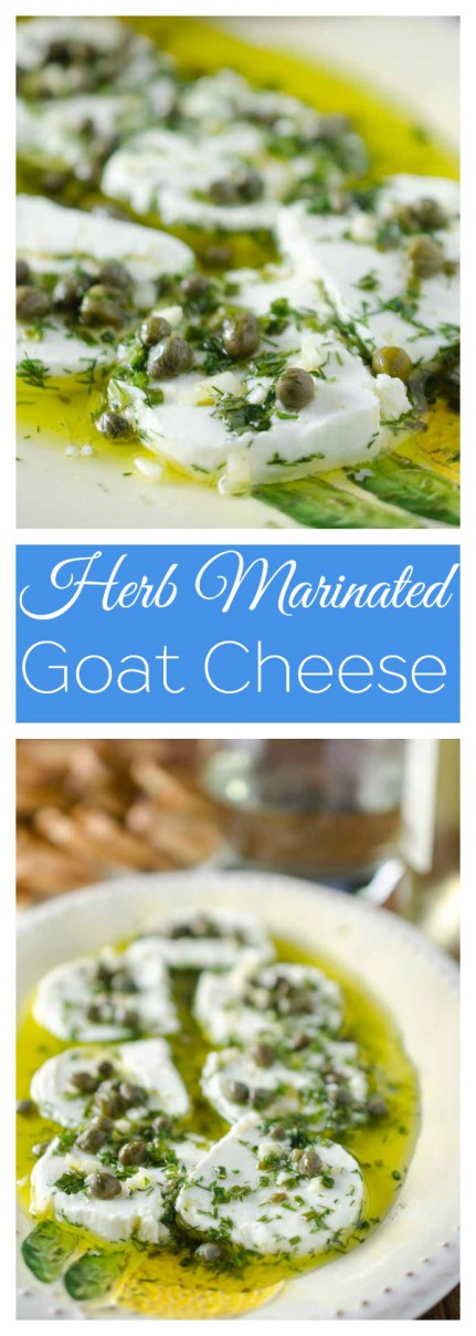 Tangy herb marinated goat cheese is the perfect appetizer to enjoy with a glass of wine.