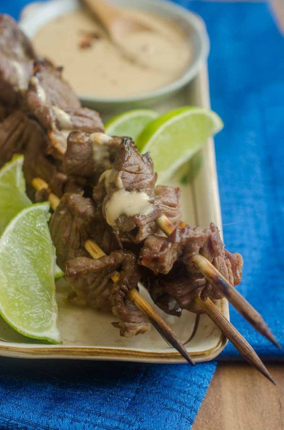Hoisin Marinated Beef Skewers with Peanut Sauce are a family favorite. Sweet hoisin, tender beef and a creamy peanut sauce make them a flavor bomb!