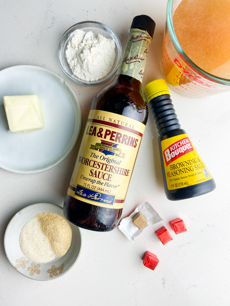 Overhead photo of ingredients needed to make brown gravy from scratch without pan drippings. 