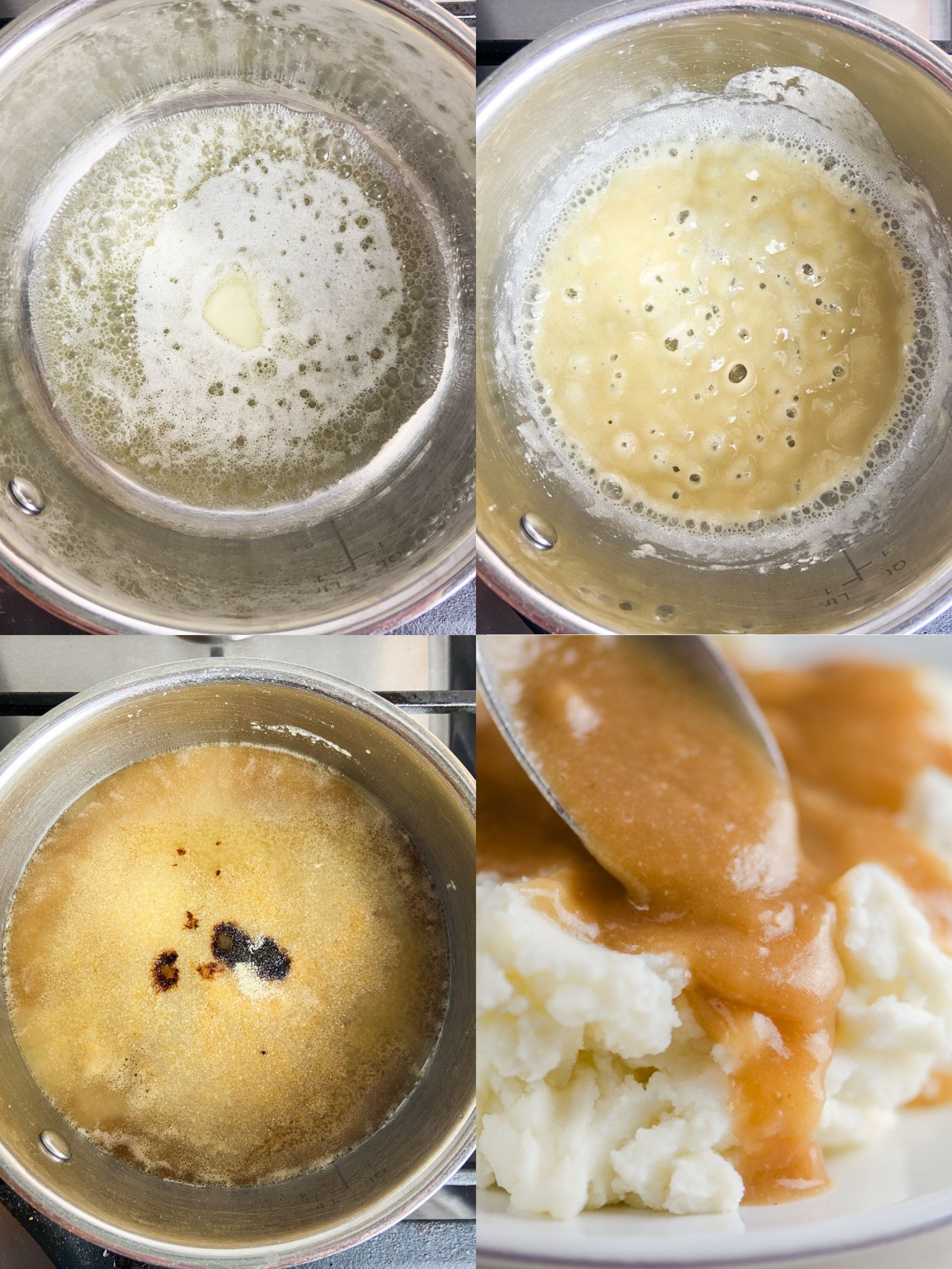 Step by step photo collage showing how to make brown gravy. 