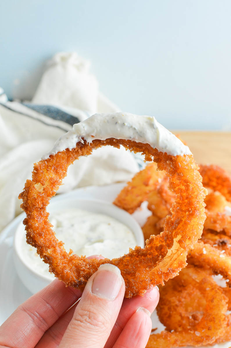 Onion ring with ranch dip. 