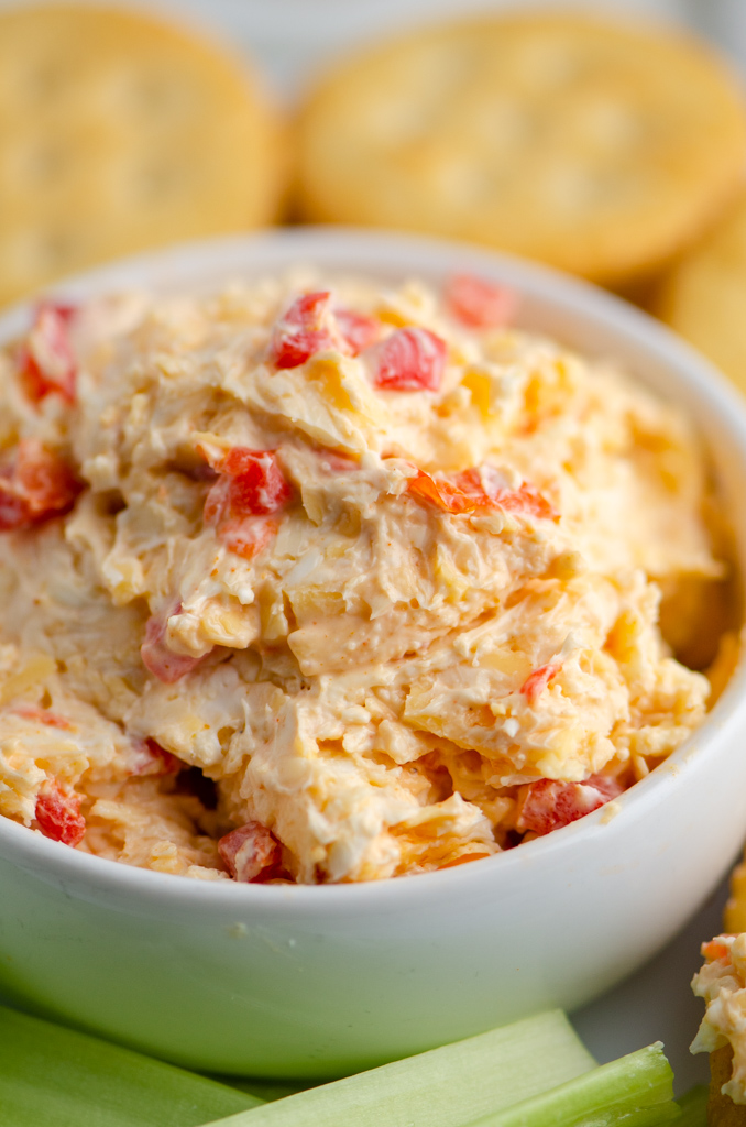 Close up photo of pimento cheese. 