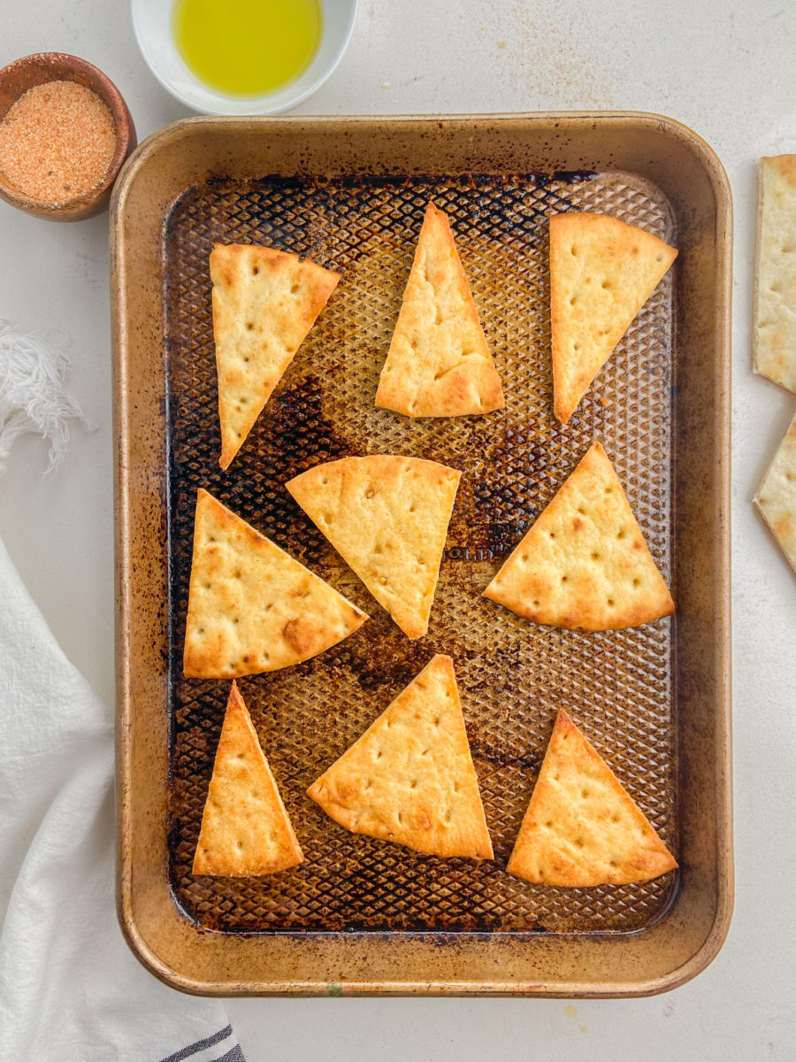 Baked Pita Chips on baking dish. 