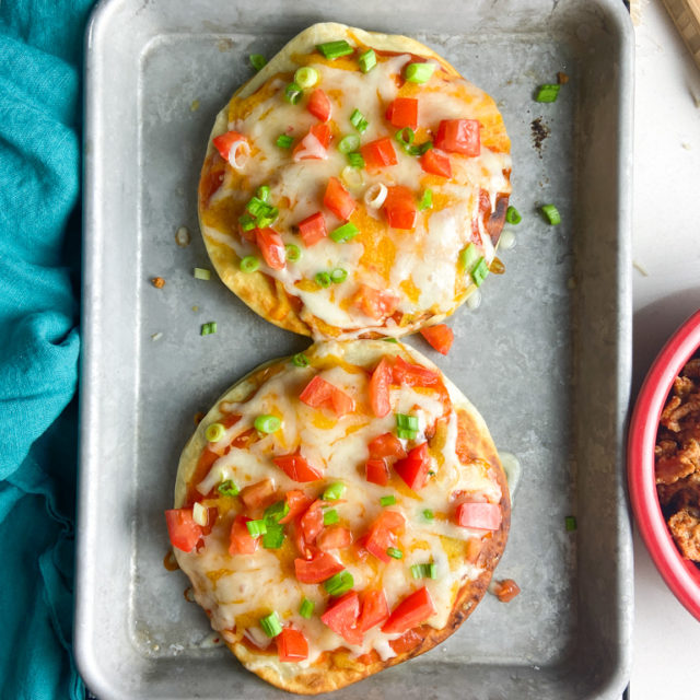 Overhead photo of mexican pizzas.