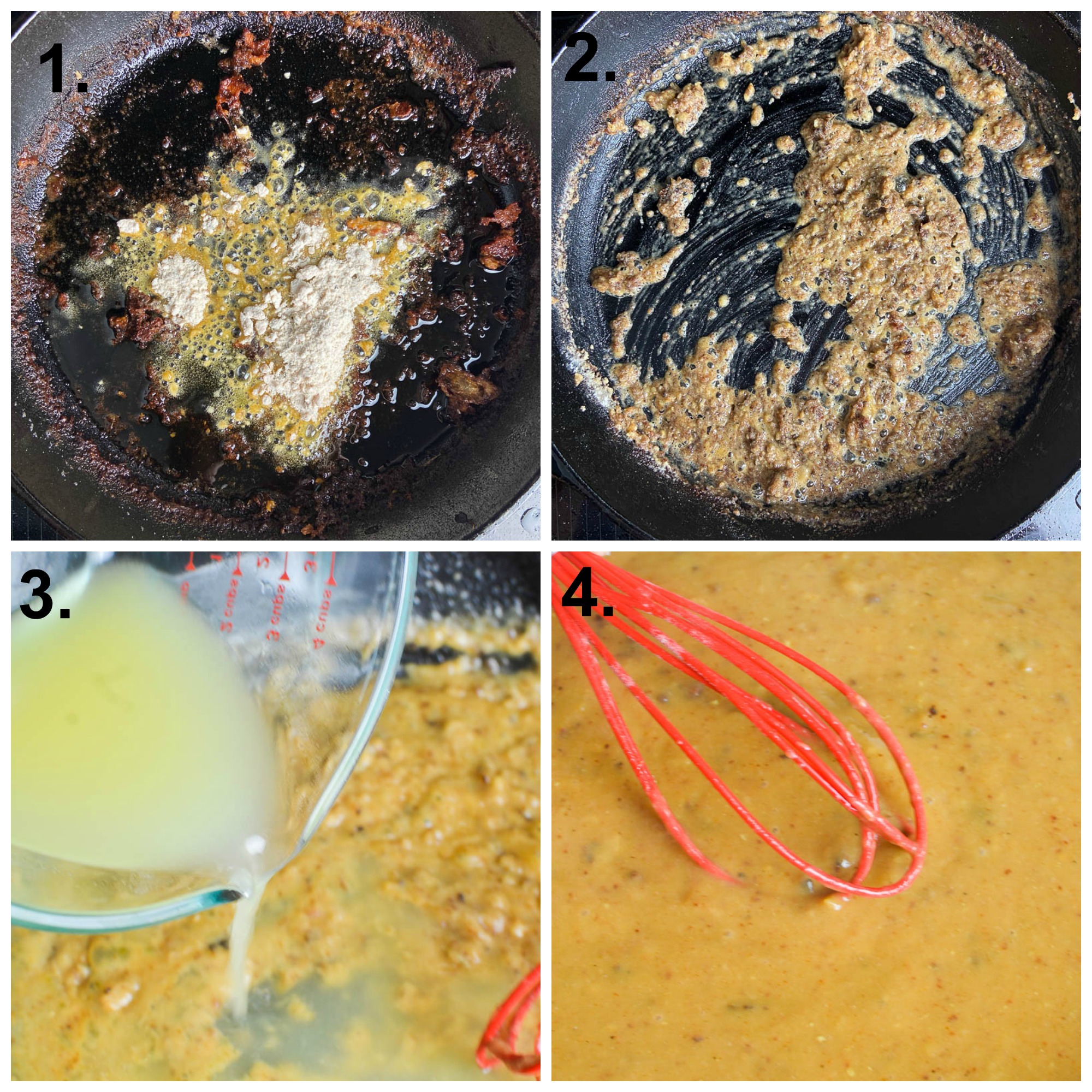 A collage of four photos for how to make pan gravy. One photo whisking in flour in cast iron skillet. Second photo of flour cooking in cast iron skillet. Third photo pouring in chicken broth. Fourth photo whisking gravy. 