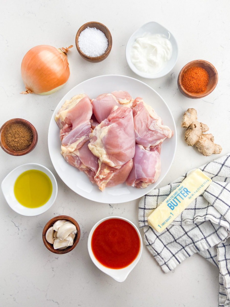 Indian Butter Chicken Ingredients overhead photo. 