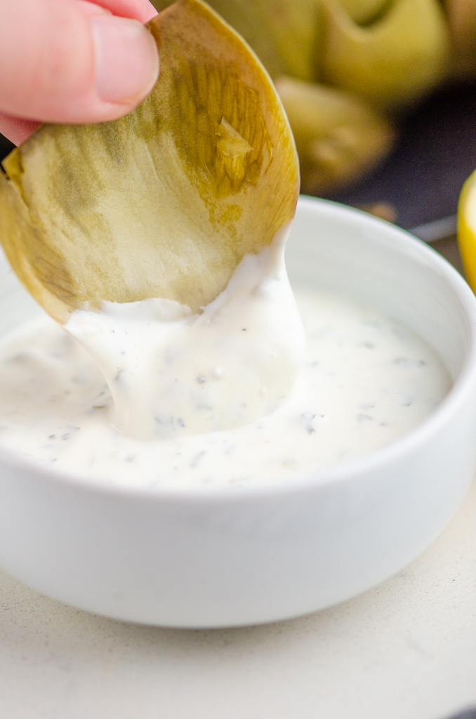 Artichoke leaf dipped in creamy herb dip. 