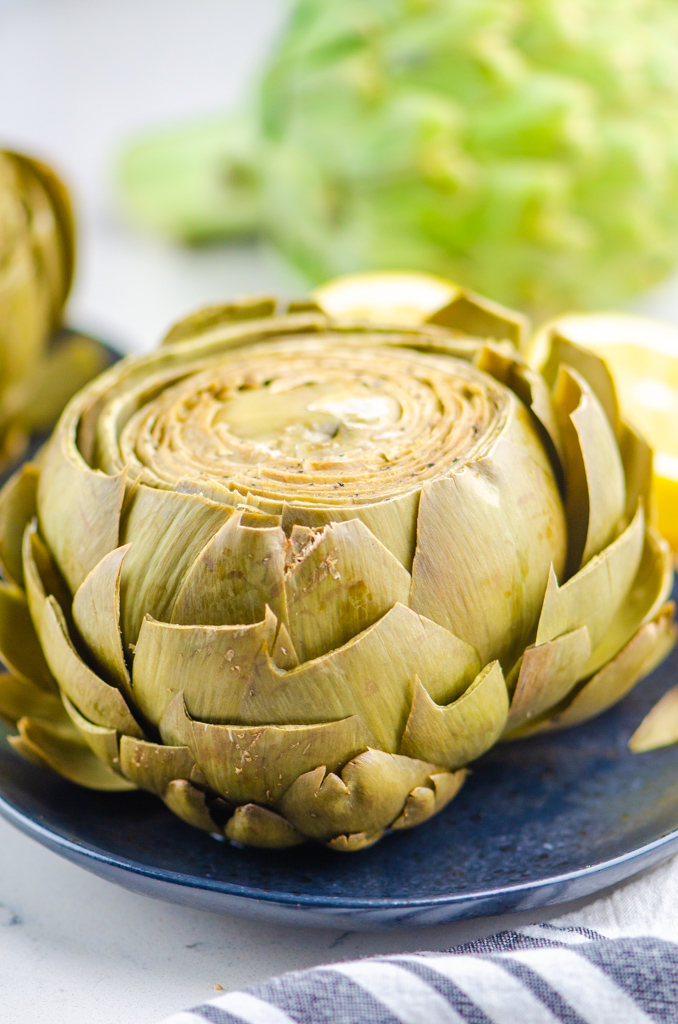 Side photo of whole steamed artichoke. 