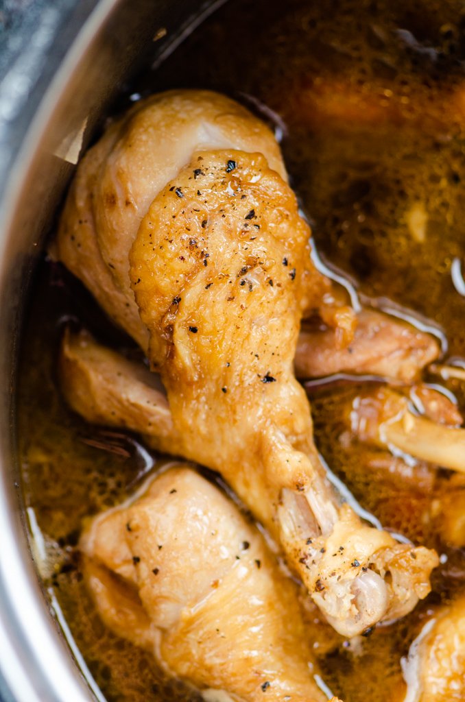 Overhead photo of chicken adobo in instant pot. 