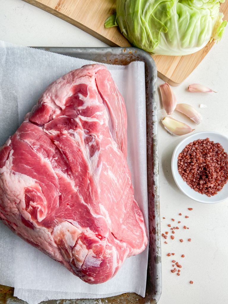 Overhead photo of ingredients needed to make kalua pork. 