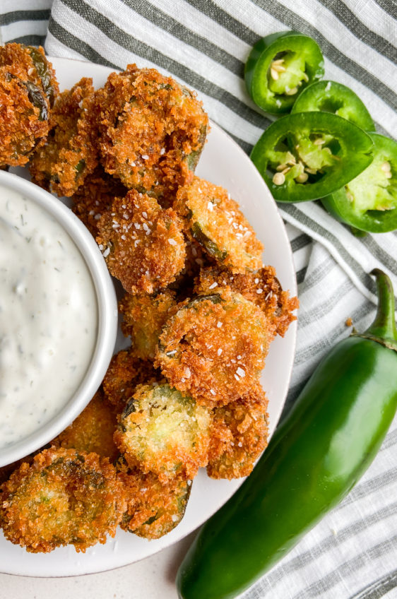 Overhead photo of crunchy jalapeno bites on a plate.