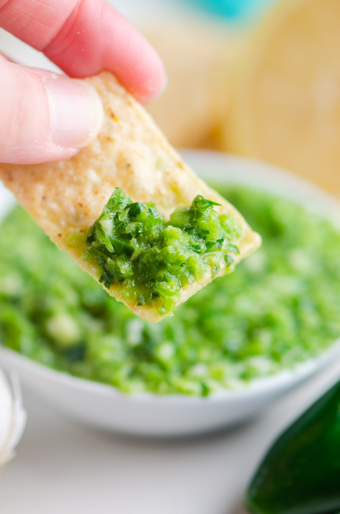 Jalapeno salsa on a tortilla chip. 