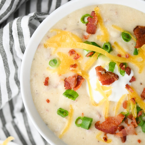 Overhead photo of loaded baked potato soup.