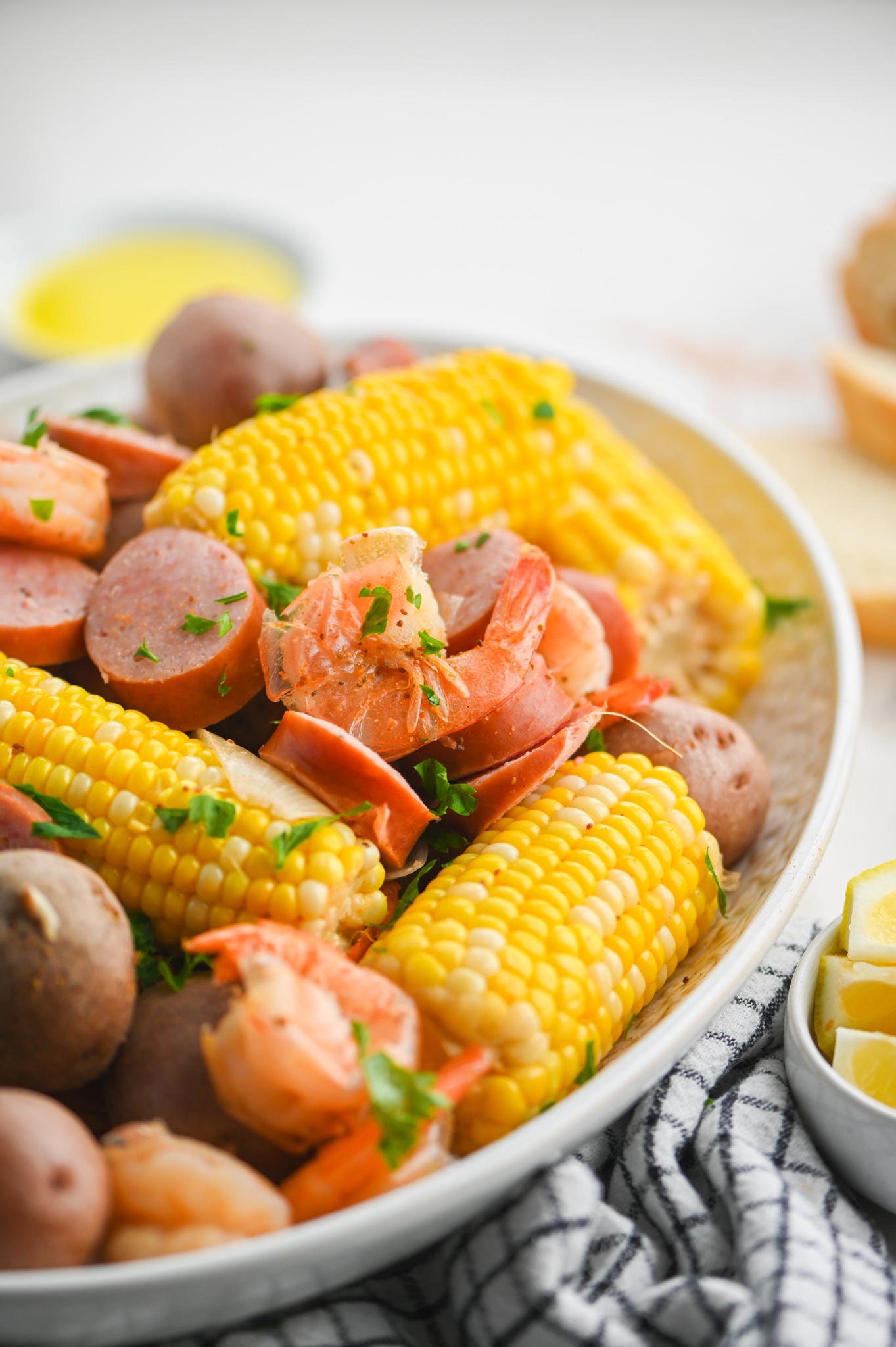 Low country shrimp boil on plate.