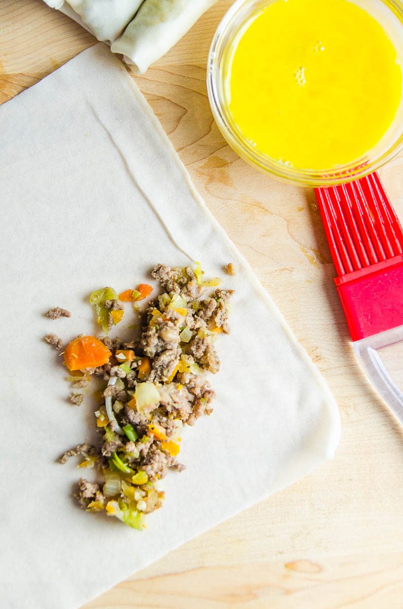 Lumpia filling on a wrapper.