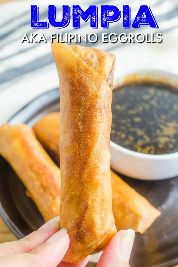 Lumpia is a Filipino style egg roll filled with pork, beef and veggies. Then fried golden brown. They are always a crowd pleaser and a great appetizer. #lumpia #eggrolls #filipinofood #filipinoeggrolls