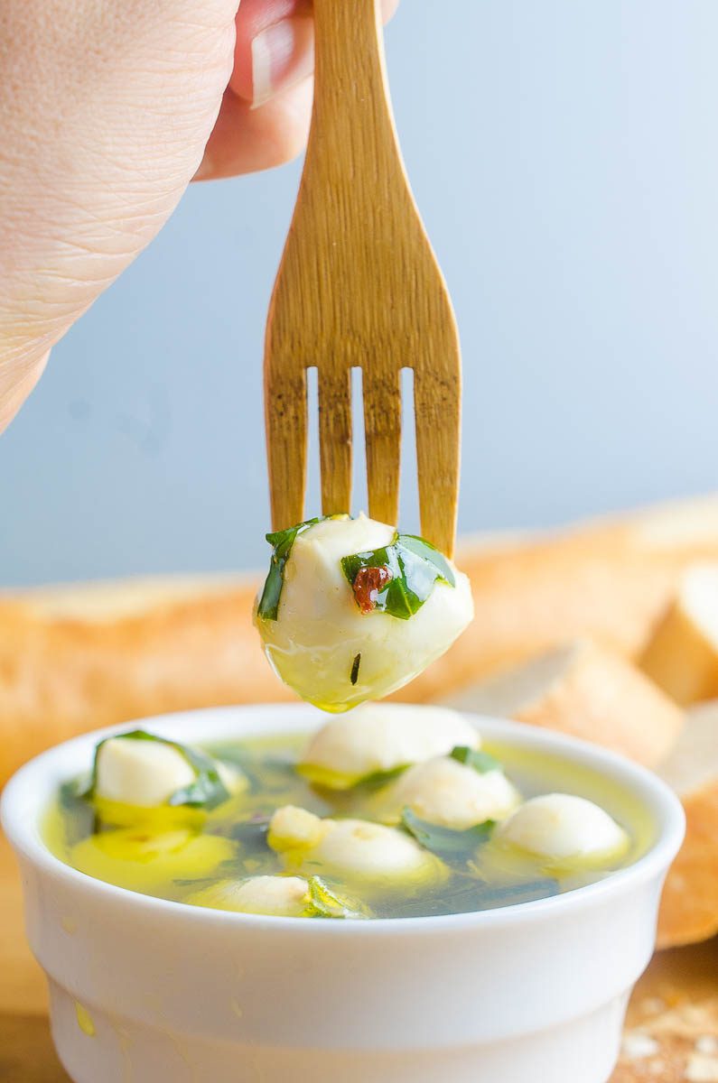 Mozzarella ball on a fork. 