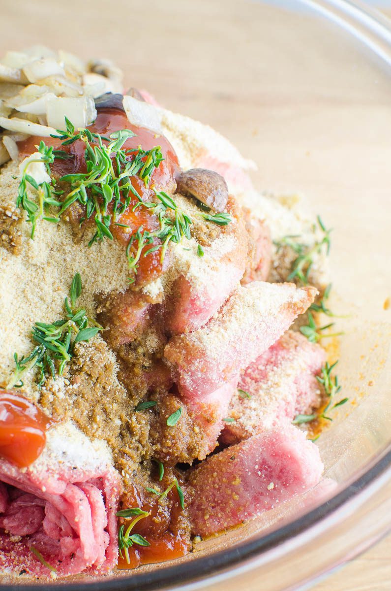 Ingredients for meatloaf in a bowl before mixing. 