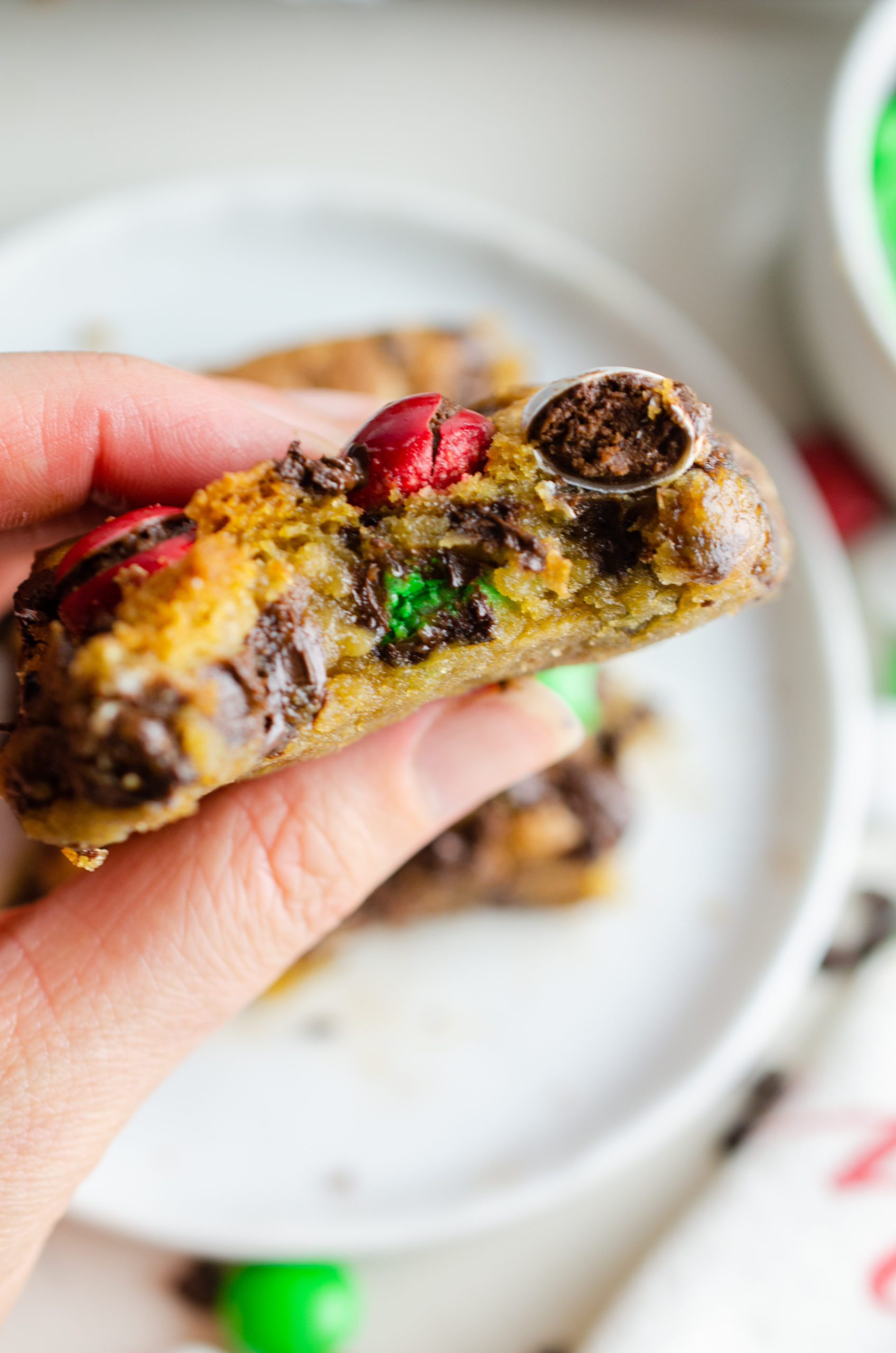 M&M cookie bar with bite taken out of it. 