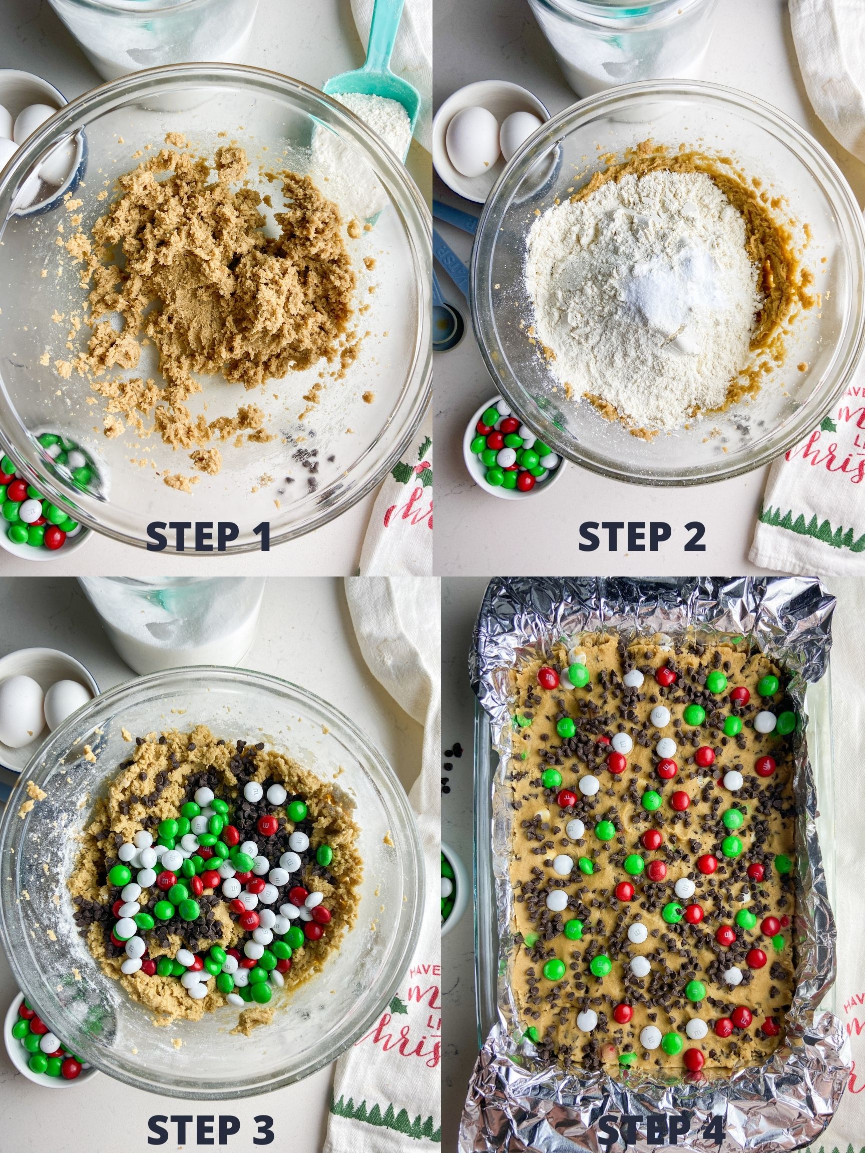 Step by step instructions for mint m&m cookie bars