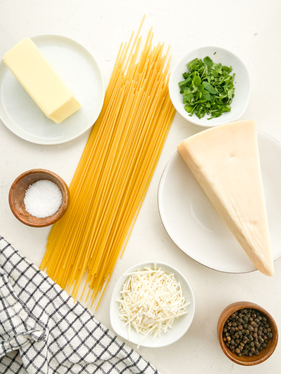 Overhead photo of mizithra pasta ingredients. 