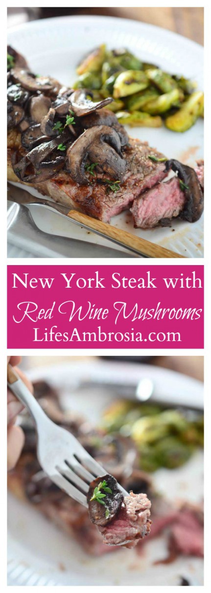 Perfectly grilled New York Strip steak smothered with red wine mushrooms. Mushroom Steak Collage