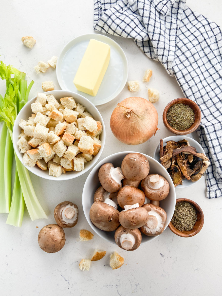 Ingredients for stuffing on white counter. 