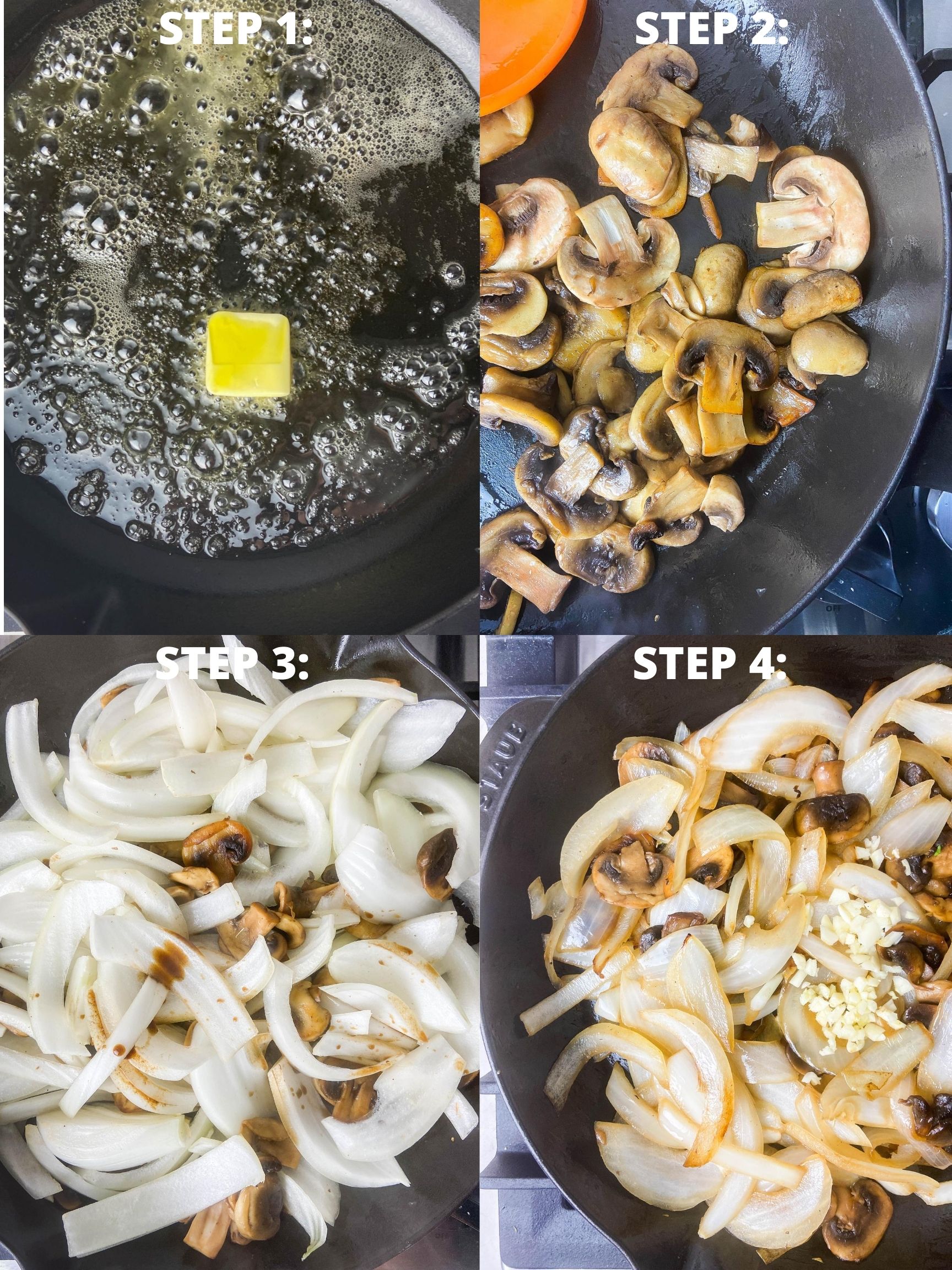 Step by step photos for how to make sauteed mushrooms and onions. 