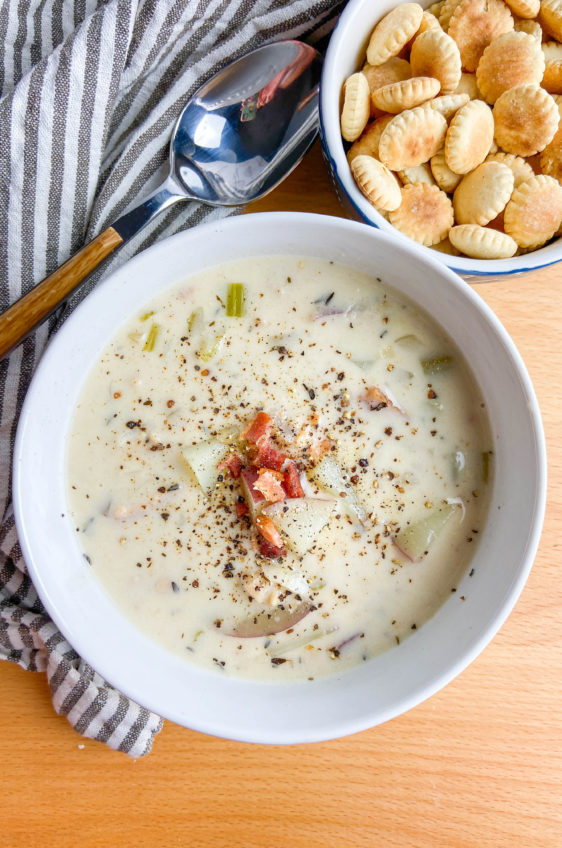 Overhead photo of new england clam chowder in a bowl.