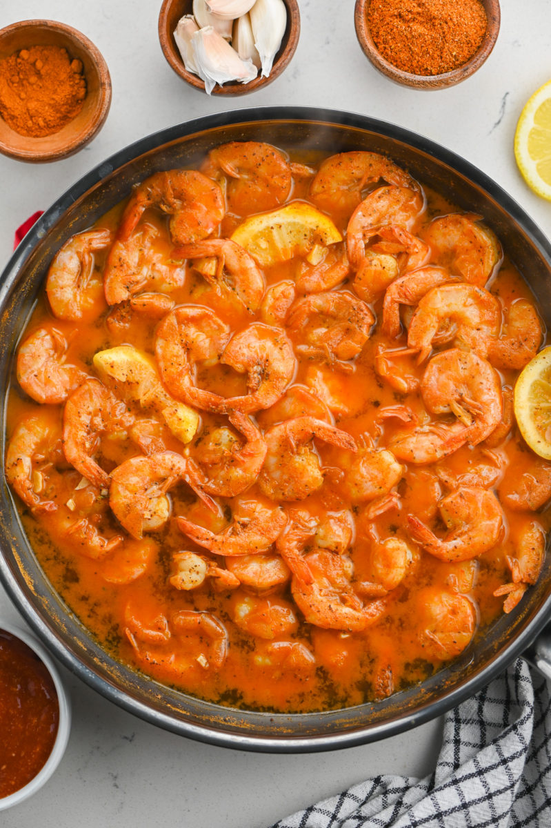 Steamed old bay shrimp in skillet. 