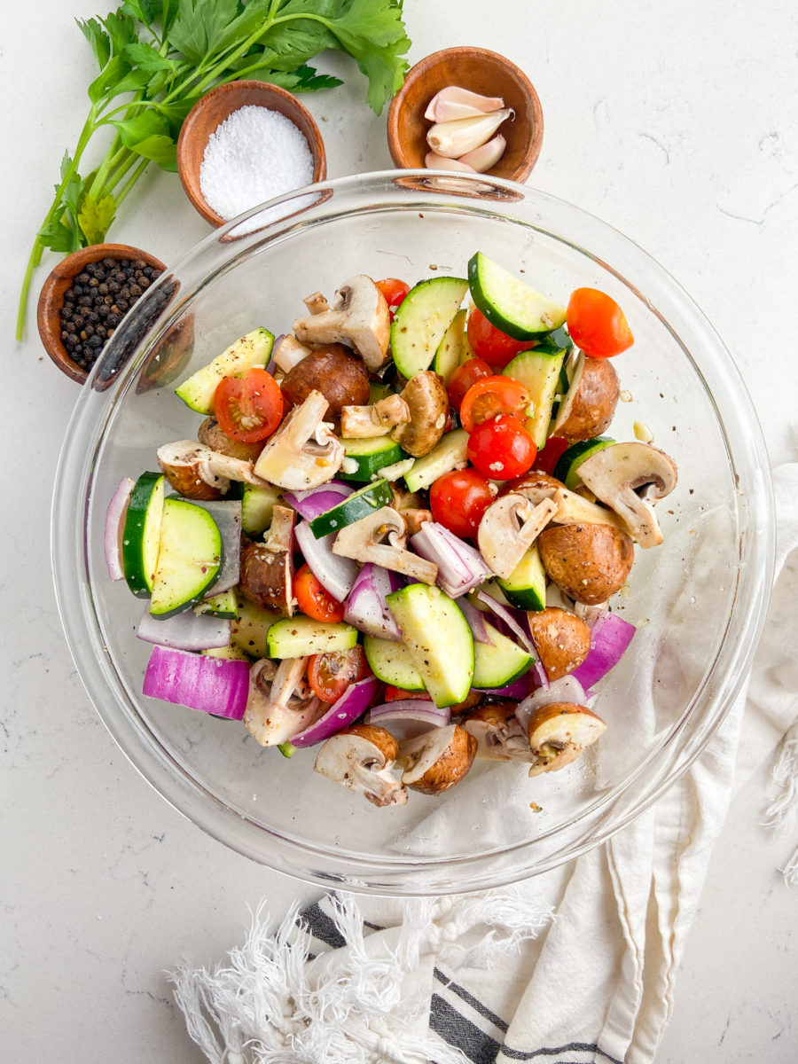 Vegetables in glass bowl. 