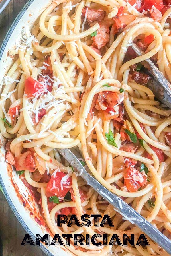 Pasta Amatriciana made with pancetta, tomatoes, Romano cheese, crushed peppers and onions. It will be a family favorite!  #pasta #Italian #amatriciana