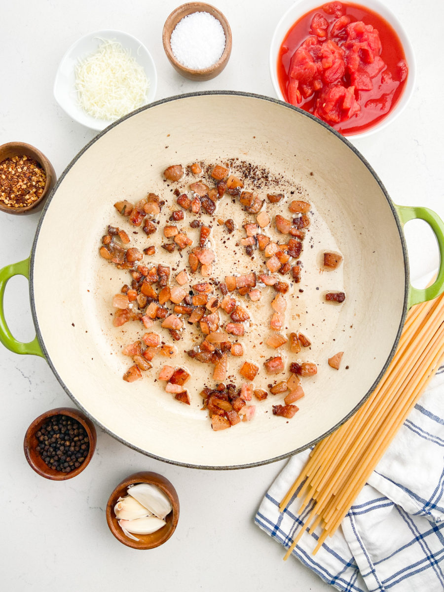 Guanciale in large pan. 